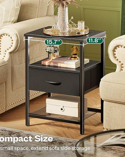 Night Stand with Fabric Drawer, Side Table with Mesh Shelf, Bedroom Nightstand, Fabric Drawer Dresser, Open Shelf, Metal Frame, Couch Side, Black - LeafyLoom