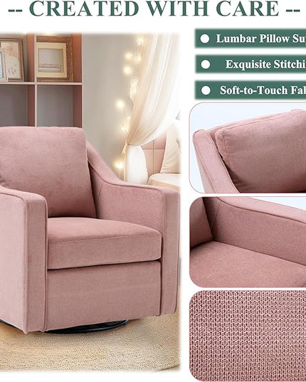 COLAMY 360° Swivel Accent Chair, Upholstered Fabric Leisure Armchair with Lumbar Pillow for Living Room Bedroom Home Office, Pink - LeafyLoom