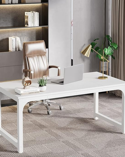 63 Inch Large Executive Computer office desk, White - LeafyLoom