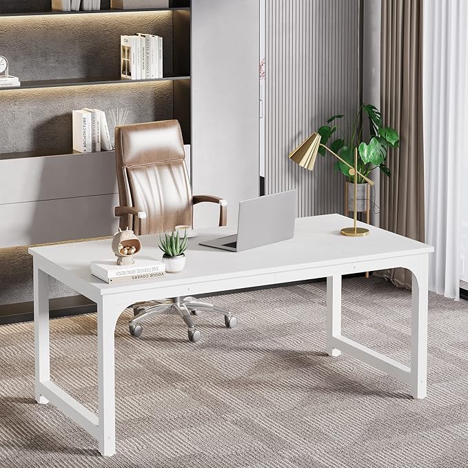 63 Inch Large Executive Computer office desk, White - LeafyLoom