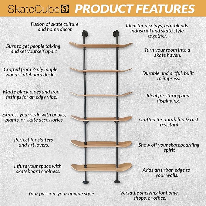 Industrial Shelves - 6 Tier Industrial Decor Pipe Bookcase Using 7 Ply Skateboard Decks - Natural Wood Stain Finish - Bathroom Wall Decor, Living Room Furniture, Book Shelf for Skateboard Enthusiasts - LeafyLoom