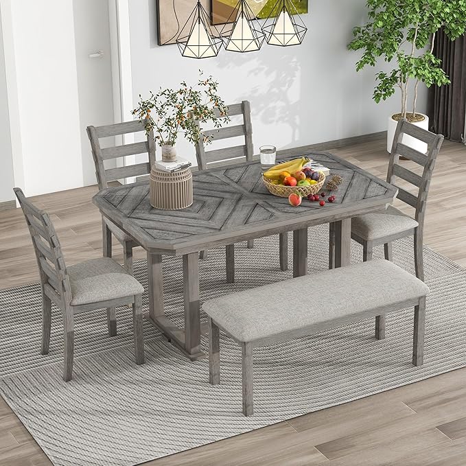 6-Piece Rubber Wood Dining Table Set with Beautiful Grain Pattern Tabletop Solid Wooden Veneer and Soft Cushion Chairs, for Kitchen, Diningroom, Living Room, Home Bar, Brown+Grey - LeafyLoom