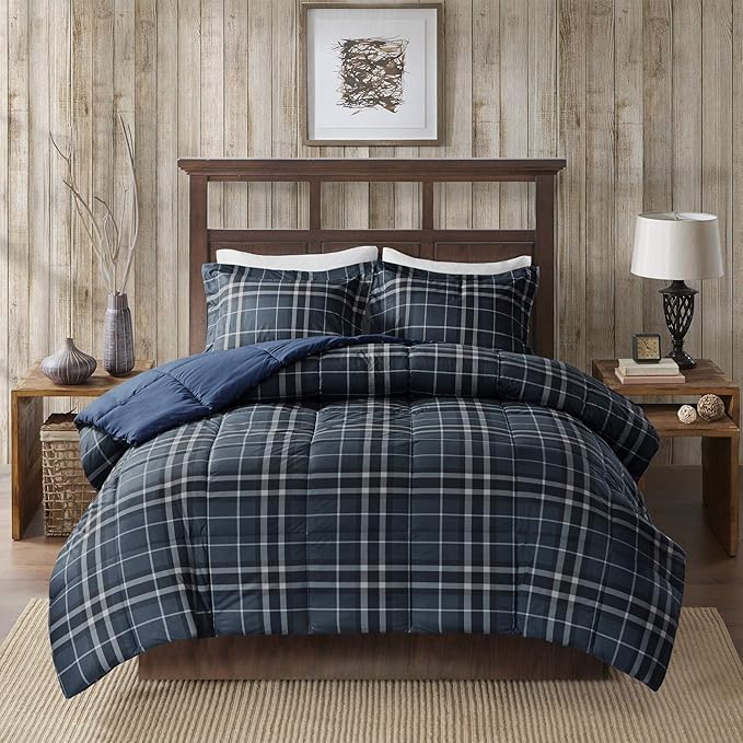 Woolrich Comforter Set, Cabin Lodge, Warm Cover for Colder Season, Modern Cottage-Inspired Down Alternative Ultra Soft Microfiber Bedding, Matching Sham, Plaid Navy King 3 Piece - LeafyLoom