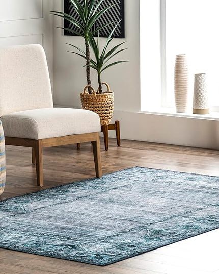 nuLOOM Eveline Distressed Persian Machine Washable Ultra Thin Area Rug, 4' x 6', Blue - LeafyLoom