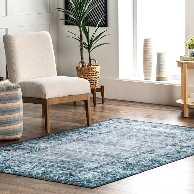 nuLOOM Eveline Distressed Persian Machine Washable Ultra Thin Area Rug, 4' x 6', Blue - LeafyLoom