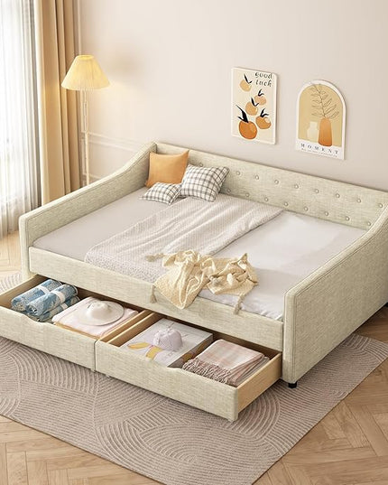 Full Size Daybed with 2 Drawers, Upholstered Tufted Sofa Bed with Button on Back and Piping on Waved Shape Arms for Bedroom, Apartment, Living Room, Wooden Slats Support, Beige - LeafyLoom