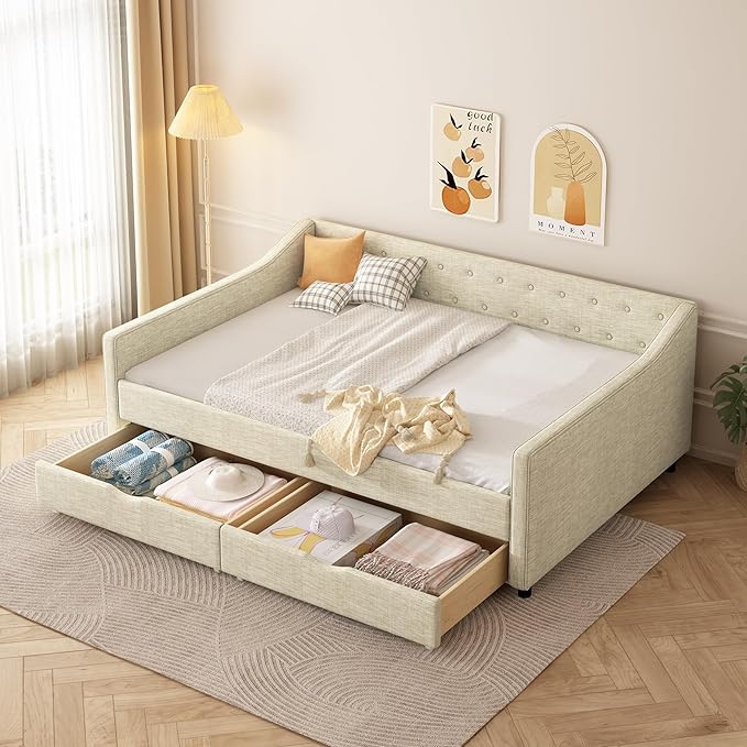 Full Size Daybed with 2 Drawers, Upholstered Tufted Sofa Bed with Button on Back and Piping on Waved Shape Arms for Bedroom, Apartment, Living Room, Wooden Slats Support, Beige - LeafyLoom
