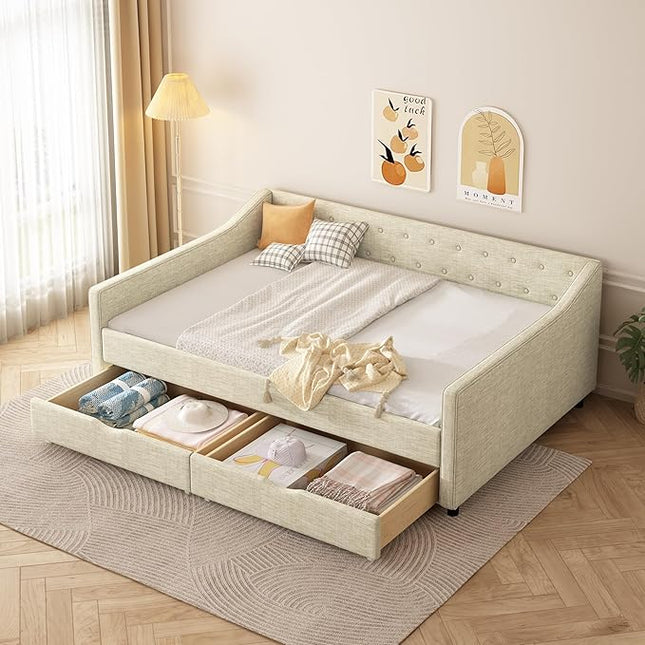 Full Size Daybed with Drawers, Linen Upholstered Tufted Sofa Bed Frame with Button on Back, Waved Shape Arms, Wooden Slats Support, Space-Saving for Apartment,Bedroom - LeafyLoom