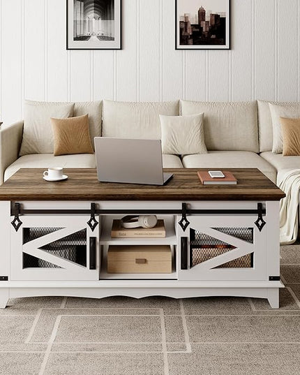IDEALHOUSE Farmhouse Coffee Table with Storage 48'' Center Table Industrial Cocktail Table with Sliding Barn Doors Modern Rectangular Living Room Table Rustic Coffee Table with Adjustable Shelves - LeafyLoom
