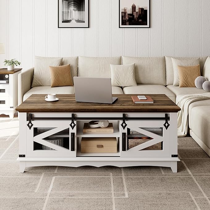 IDEALHOUSE Farmhouse Coffee Table with Storage 48'' Center Table Industrial Cocktail Table with Sliding Barn Doors Modern Rectangular Living Room Table Rustic Coffee Table with Adjustable Shelves - LeafyLoom