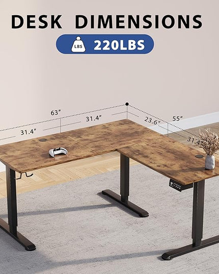 L-Shaped Electric Standing Desk, 63 x 55 Inches Height Adjustable Coner Table, Home Office Computer Workstation, Rustic Brown, 63 x 55 Inch - LeafyLoom