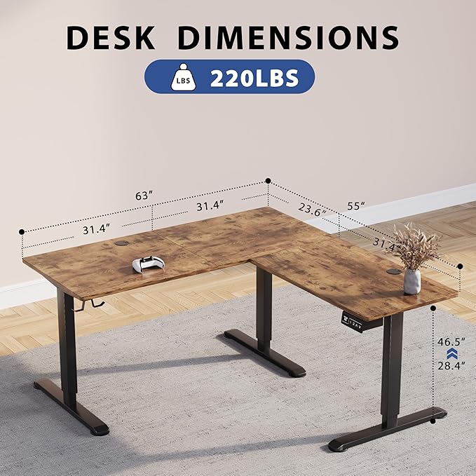 L-Shaped Electric Standing Desk, 63 x 55 Inches Height Adjustable Coner Table, Home Office Computer Workstation, Rustic Brown, 63 x 55 Inch - LeafyLoom
