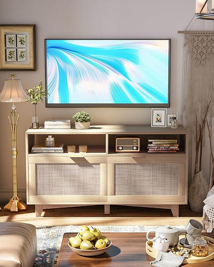 SRIWATANA TV Stand for Televisions up to 55 Inch, Wooden TV Cabinet with 2 Rattan Doors, Entertainment Center with Storage, Media Furniture for Living Room, Bedroom, Oak - LeafyLoom