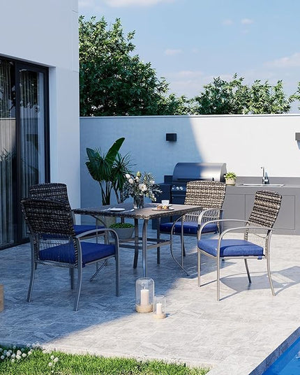 Pamapic Patio Table and Chairs Set, All-Weather Rattan Outdoor Table and Chairs with Removable Waterproof Cushions, Plastic-Wood Patio Dining Set for 4 with Umbrella Hole(Blue) - LeafyLoom