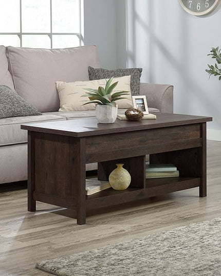Sauder Cannery Bridge Lift-top Table, L: 43.15" x W: 19.45" x H: 19.02", Coffee Oak finish - LeafyLoom