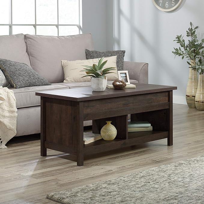 Sauder Cannery Bridge Lift-top Table, L: 43.15" x W: 19.45" x H: 19.02", Coffee Oak finish - LeafyLoom