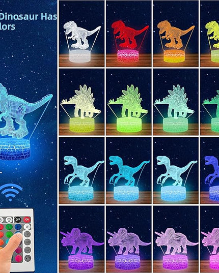 Dinosaur Toys 3D Dinosaur Night Light, 4 Pieces 3D Dinosaur Lamp Toy with 16 Color Changes and Remote Control, Dinosaur Toy Gifts for Kids Boys Girls from 3 4 5 6+ Years - LeafyLoom