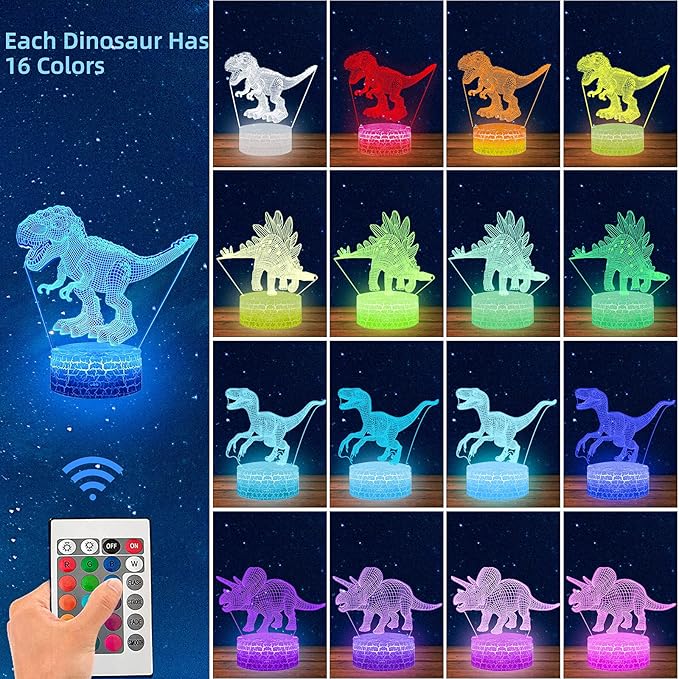 Dinosaur Toys 3D Dinosaur Night Light, 4 Pieces 3D Dinosaur Lamp Toy with 16 Color Changes and Remote Control, Dinosaur Toy Gifts for Kids Boys Girls from 3 4 5 6+ Years - LeafyLoom
