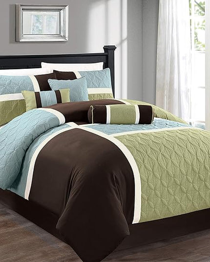 Chezmoi Collection 7-Piece Quilted Patchwork Comforter Set, Coffee Brown/Aqua Blue/Sage Green, Queen - LeafyLoom