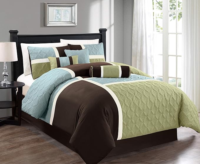 Chezmoi Collection 7-Piece Quilted Patchwork Comforter Set, Coffee Brown/Aqua Blue/Sage Green, Queen - LeafyLoom