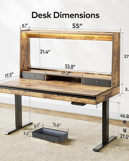 FEZIBO 55 x 27.5 Inches Electric Standing Desk with Open Shelf&LED Strip, Adjustable Height Sit Stand Up Desks with 4 Drawers, Ergonomic Workstation，Rustic Brown - LeafyLoom