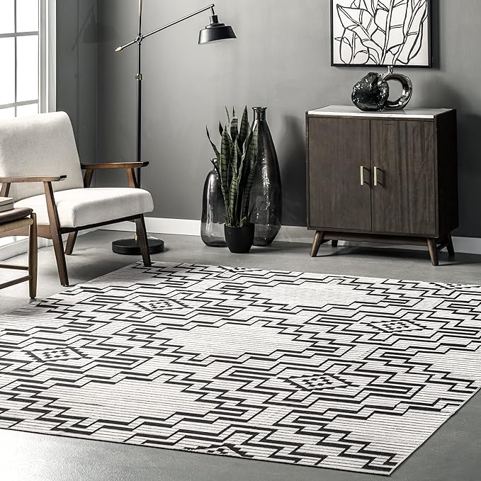 nuLOOM Tashia Modern Geometric Machine Washable Ultra Thin Area Rug, 8' x 10', Charcoal - LeafyLoom