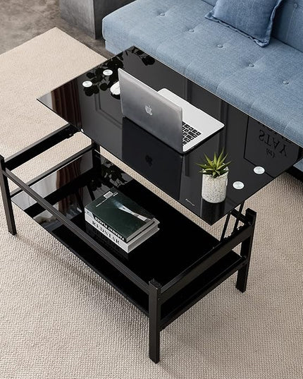 Glass Lift Top Coffee Table, 38 Inch Modern Simple 2-Layer Tempered Glass Coffee Table with Storage Shelf, Center Table/Tea Table for Living Room, Black - LeafyLoom