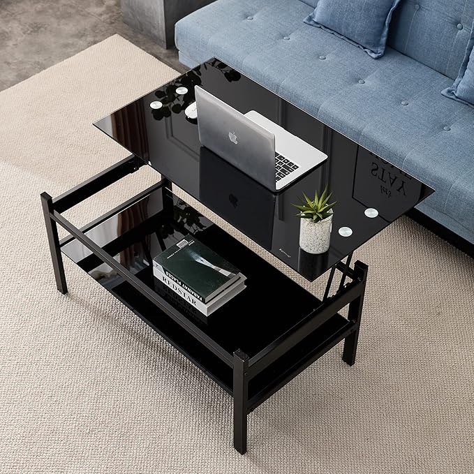 Glass Lift Top Coffee Table, 38 Inch Modern Simple 2-Layer Tempered Glass Coffee Table with Storage Shelf, Center Table/Tea Table for Living Room, Black - LeafyLoom