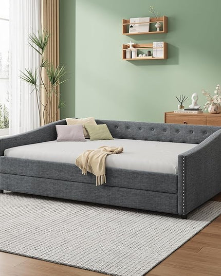 Full Size Upholstered Daybed with Twin Size Trundle,Wood Sofa Bed Frame W/Button Tufted Back and Nailhead Decorated Waved Shape Arms,Slat Support,for Bedroom,Living Room,Apartment,Dark Gray - LeafyLoom