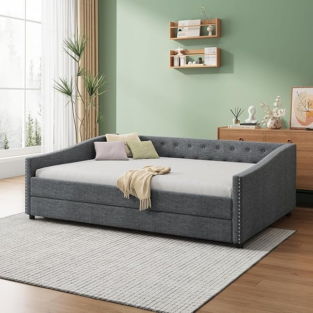 Full Size Upholstered Daybed with Twin-Size Trundle,Elegant Wood Bed Frame w/Button Tufted Back and Waved Shape Arms & Nailhead,Slat Support,Sofa Bed for Apartment,Bedroom,Dark Grey - LeafyLoom
