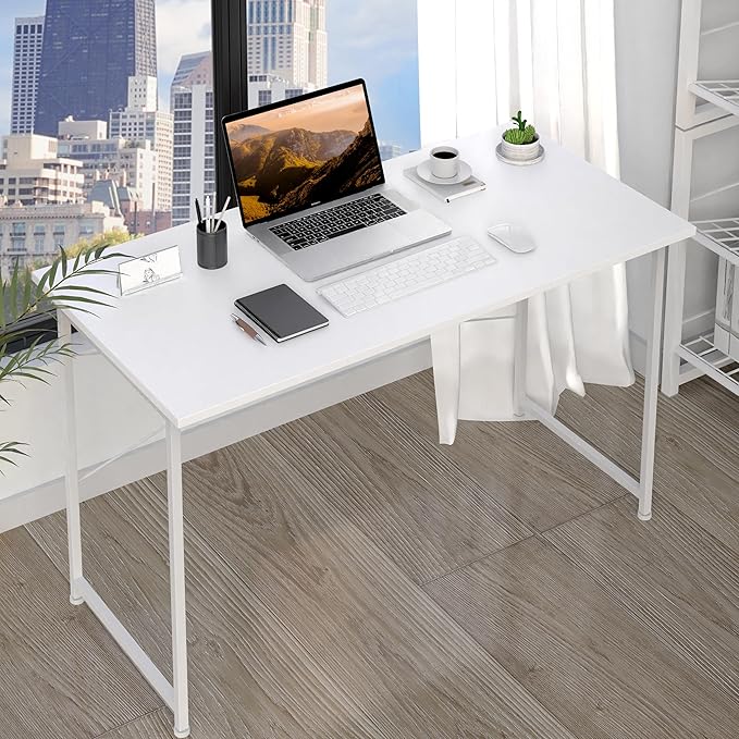 HealSmart Home Office Computer Desk, Modern Style Design with Headphone Hooks for Working, Writing and Gaming, 32 Inch, 47 Inches, White - LeafyLoom