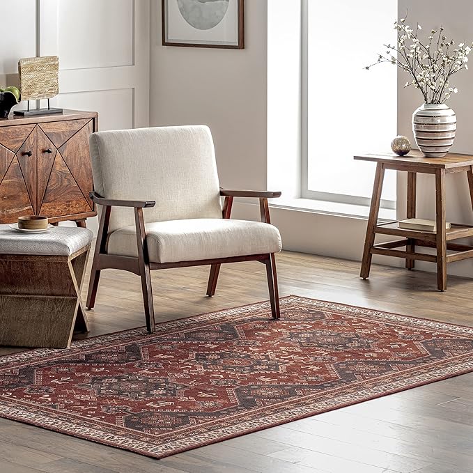 nuLOOM Kathryn Machine Washable Traditional Rustic Ultra Thin Area Rug, 8' x 10', Red - LeafyLoom