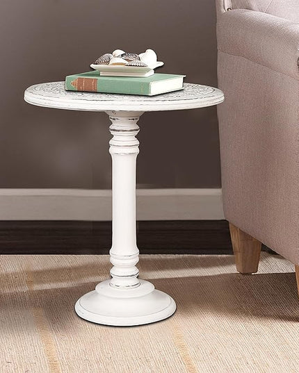 Side Table,Round End Table,Small Table,Side Tables Living Room,End Table,Round Side Table,Altar Table, Carved Side Table,Wood Accent Table,Carved Wood Table Single Pillar 18x22 inch White Antique - LeafyLoom
