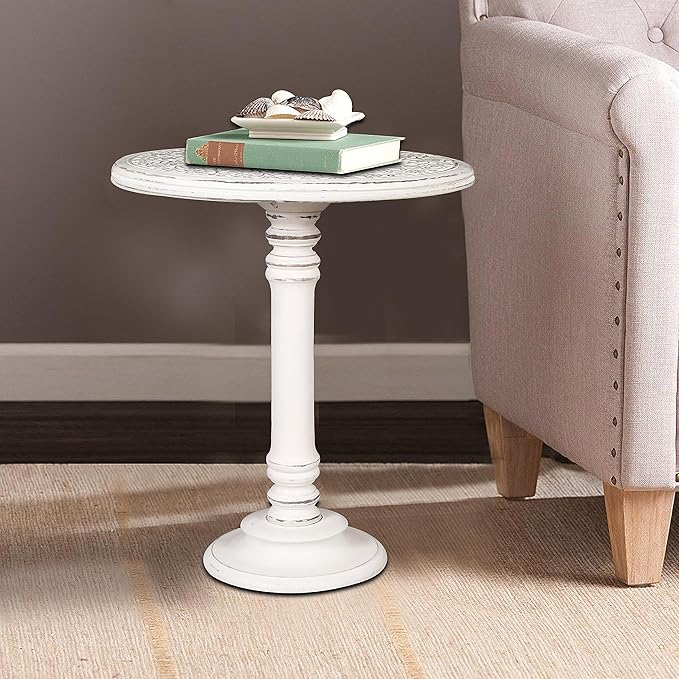 Side Table,Round End Table,Small Table,Side Tables Living Room,End Table,Round Side Table,Altar Table, Carved Side Table,Wood Accent Table,Carved Wood Table Single Pillar 18x22 inch White Antique - LeafyLoom