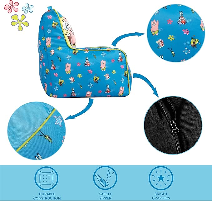 Idea Nuova Nickelodeon Spongebob Squarepants Toddler Nylon Bean Bag Chair with Piping & Top Carry Handle Large - LeafyLoom