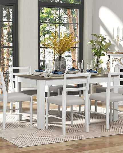 71.5 Inch Dining Table Set for 6, 7-Piece Wooden Extendable Table with 12" Leaf and 2 Drawers, 6 Dining Chairs with Soft Cushion for Dining Room, Living Room, Antique White+Brown - LeafyLoom