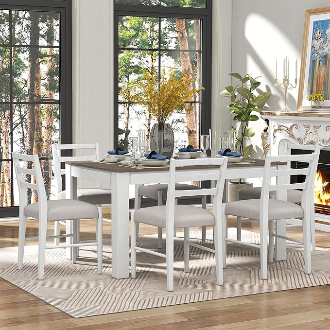 71.5 Inch Dining Table Set for 6, 7-Piece Wooden Extendable Table with 12" Leaf and 2 Drawers, 6 Dining Chairs with Soft Cushion for Dining Room, Living Room, Antique White+Brown - LeafyLoom