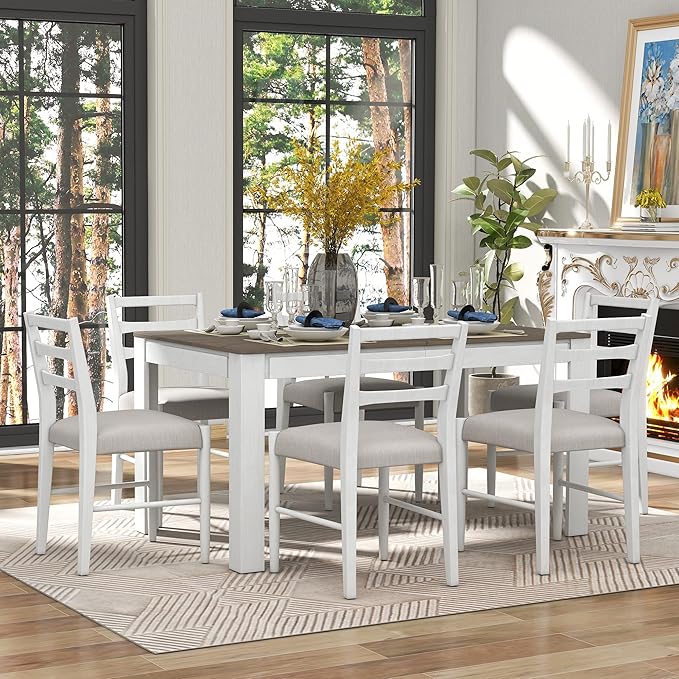 7-Piece Extendable Dining Set, Mutifunctional Wooden Table with 12" Leaf and 2 Drawers, 6 Chairs with Soft Cushion, for Kitchen Dinette Room, Brown + White, Onesize - LeafyLoom