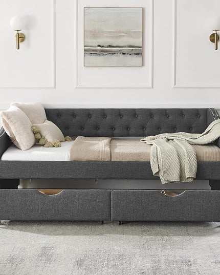 Twin Size Daybed with Two Storage Drawers, Linen Upholstered Tufted Sofa Bed w/Button on Back and Copper Nail on Waved Shape Arms, for Bedroom Living Room, No Box Spring Needed, Dark Grey - LeafyLoom