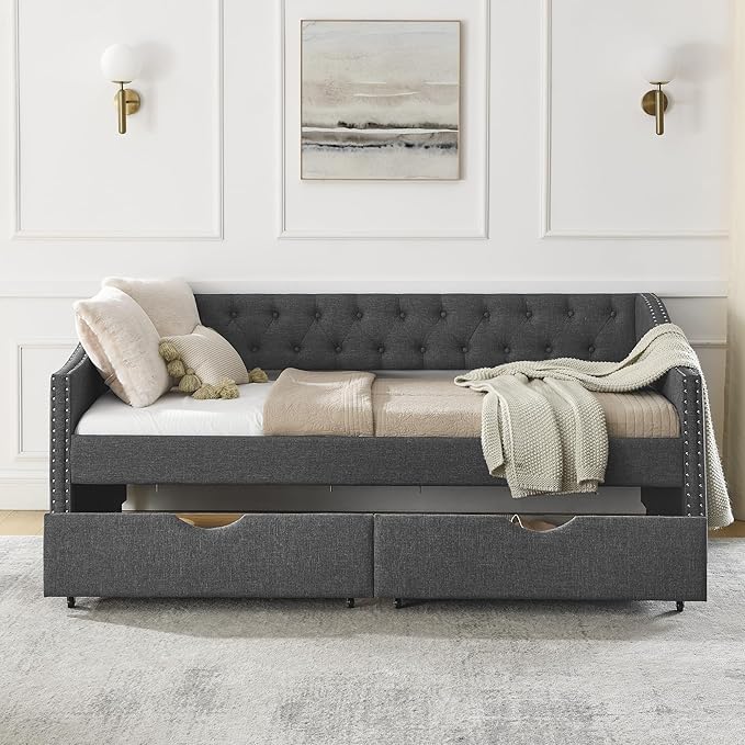 Twin Size Daybed with Two Storage Drawers, Linen Upholstered Tufted Sofa Bed w/Button on Back and Copper Nail on Waved Shape Arms, for Bedroom Living Room, No Box Spring Needed, Dark Grey - LeafyLoom