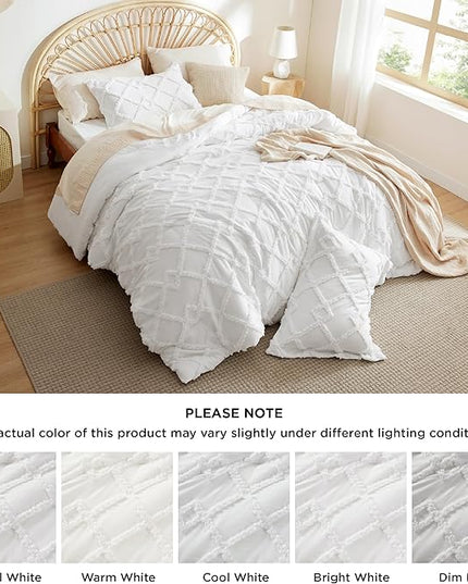 Bedsure Boho Comforter Set King - White Tufted Bedding Comforter Set, 3 Pieces Farmhouse Shabby Chic Embroidery Bed Set, Soft Fluffy Geometric Pattern Comforter for All Seasons - LeafyLoom