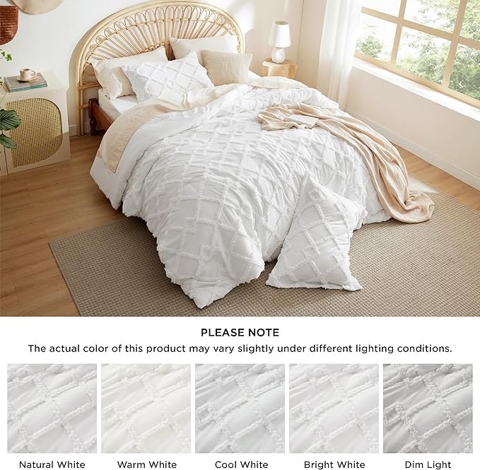 Bedsure Boho Comforter Set King - White Tufted Bedding Comforter Set, 3 Pieces Farmhouse Shabby Chic Embroidery Bed Set, Soft Fluffy Geometric Pattern Comforter for All Seasons - LeafyLoom