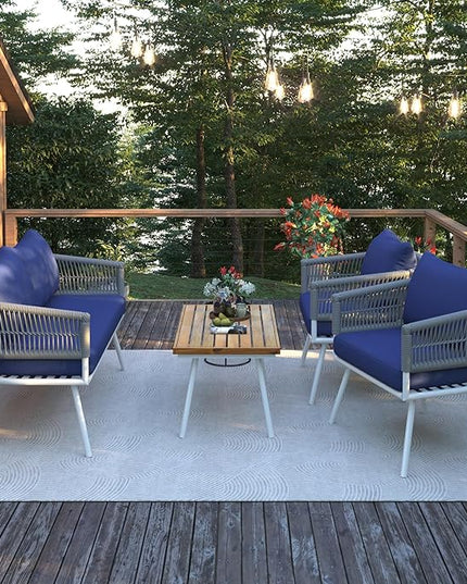 4-Piece, Boho Rope Outdoor Furniture Patio Conversation Sets with Deep Seating & Thick Cushion, Wicker Rattan Chairs Garden Backyard Balcony Porch Poolside loveseat, OneSize, Kb-Navy Blue - LeafyLoom