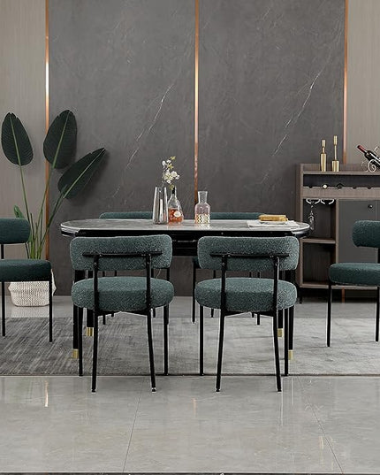 DYHOME Green Dining Chairs Set of 6, Mid-Century Modern Dining Chairs, Kitchen Dining Room Chairs, Curved Backrest Round Upholstered Boucle Sherpa Dining Chair with Black Metal Legs - LeafyLoom
