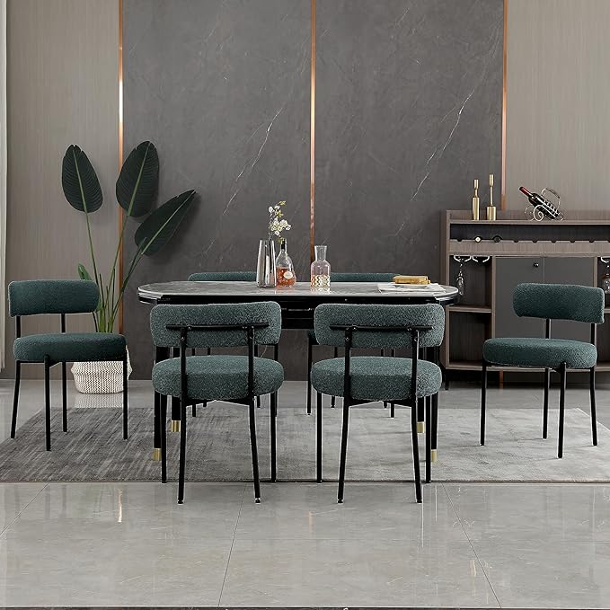 DYHOME Green Dining Chairs Set of 6, Mid-Century Modern Dining Chairs, Kitchen Dining Room Chairs, Curved Backrest Round Upholstered Boucle Sherpa Dining Chair with Black Metal Legs - LeafyLoom