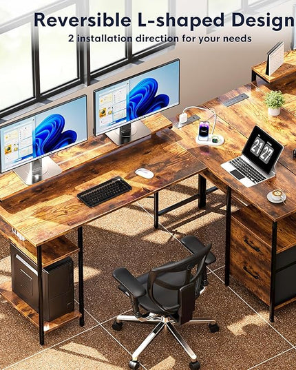 L-Shaped Home Office Desk with 2 Drawer Office Computer Desk with Monitor Stand Power Outlets and LED Lights Reversible Corner Gaming Desk 61 Inch Rustic Brown - LeafyLoom
