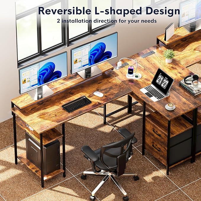 L-Shaped Home Office Desk with 2 Drawer Office Computer Desk with Monitor Stand Power Outlets and LED Lights Reversible Corner Gaming Desk 61 Inch Rustic Brown - LeafyLoom