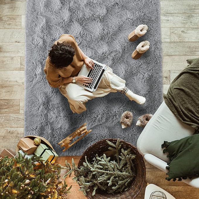 Softlife Grey 4x5.3 Feet Area Rug for Living Room Bedroom Super Soft Shaggy Rugs for Boys Girls Kids Room Fluffy Fuzzy Carpets Long Plush Bedside Rug Nursery Christmas Home Decoration - LeafyLoom