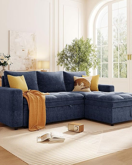 89'' L Shaped Upholstered Convertible Sleeper Sectional Sofa with Storage Chaise and Pull-Out Bed, 3-Seat Reversible Corner Couches for Living Rooms, Offices, Apartment, Blue, 89 Inch - LeafyLoom
