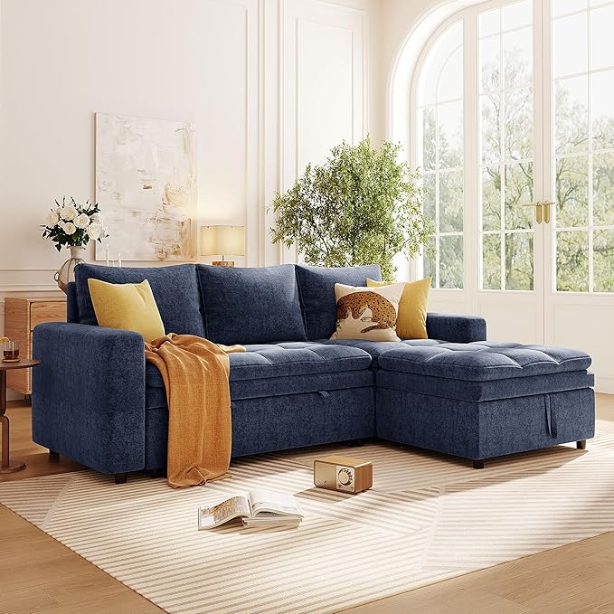 89'' L Shaped Upholstered Convertible Sleeper Sectional Sofa with Storage Chaise and Pull-Out Bed, 3-Seat Reversible Corner Couches for Living Rooms, Offices, Apartment, Blue, 89 Inch - LeafyLoom